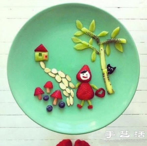 DIY a childlike arrangement of fruits, vegetables and pastries