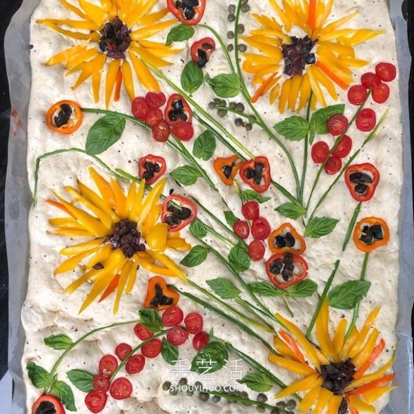 Focaccia bread is used as a canvas to create Van Gogh style art paintings