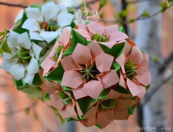 The illustration of how to fold an eight-petal flower of three pieces of paper can also be made into one Three-dimensional flower ball