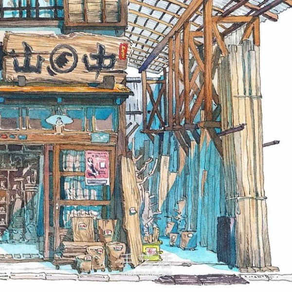 Fantasy Japanese storefront! Fictional watercolor painting by Polish animator