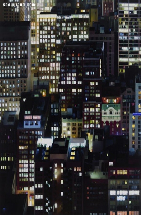 Abstract painting of New York City night scene with psychedelic interweaving of light and shadow