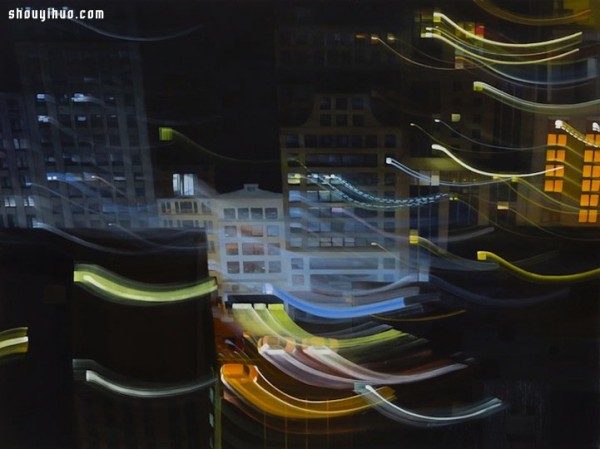 Abstract painting of New York City night scene with psychedelic interweaving of light and shadow