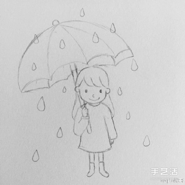 Picture tutorial on how to draw a little girl holding an umbrella in the rain