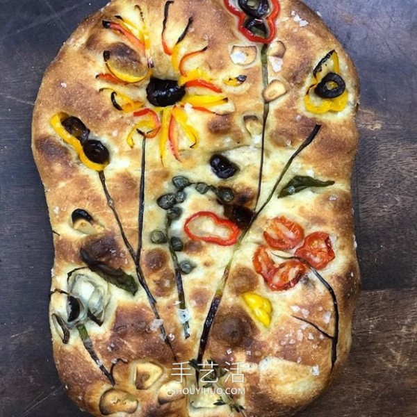 Focaccia bread is used as a canvas to create Van Gogh style art paintings