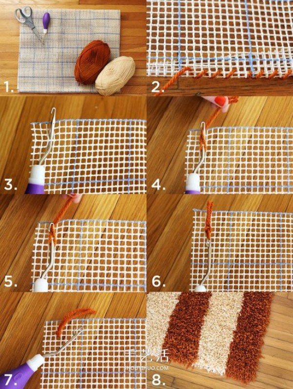 A simple hand-woven foot mat method and a two-color carpet weaving diagram