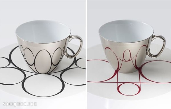 Waltz-like design of mirror-reflected coffee cups and trays of afternoon tea