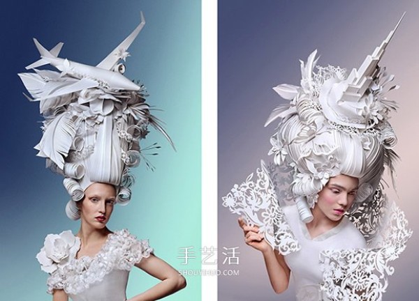 Pictures of paper sculptures of Baroque wigs interpreted by Russian paper sculptors