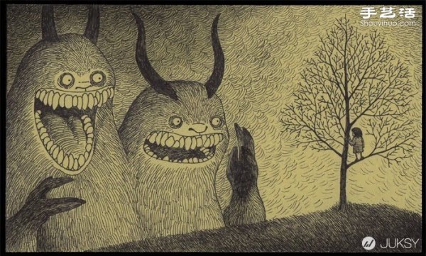 The spooky monster doodles drawn by Don Kenn on sticky notes