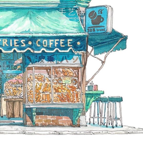 Fantasy Japanese storefront! Fictional watercolor painting by Polish animator