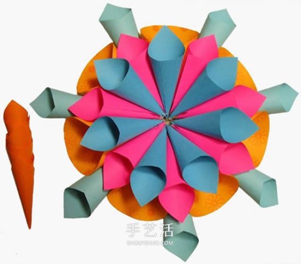 Illustration of how to make hand-made three-dimensional paper flowers with sticky notes