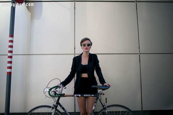 Moscows stylish bicycle girl travels elegantly in the urban area