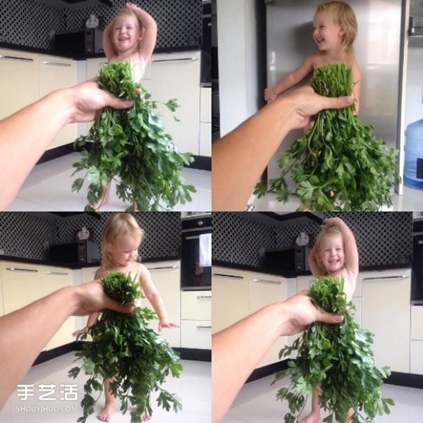 Creative childrens photo: The little girl puts on the cute fruit and vegetable dress made by her mother