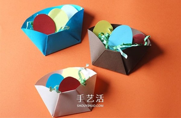 Tutorial for young children to make handmade Easter eggs using cardboard origami boxes