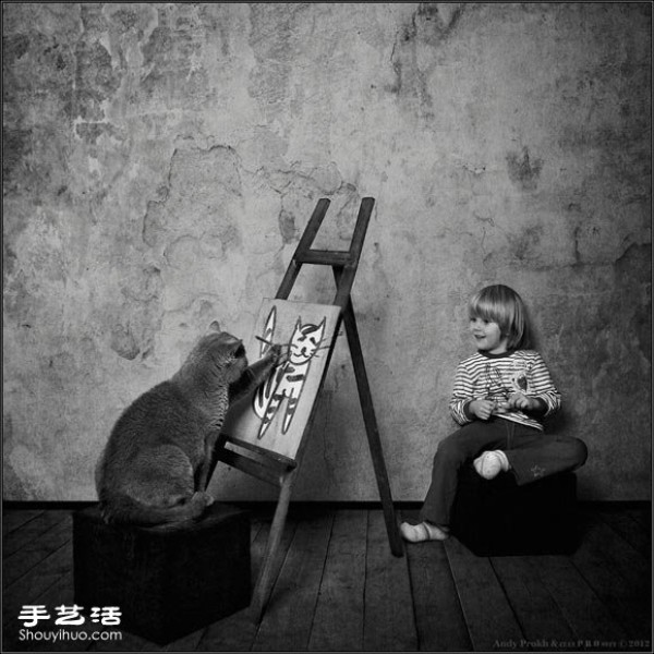 Black and White Childrens Photography: When a Little Girl Meets a Cat