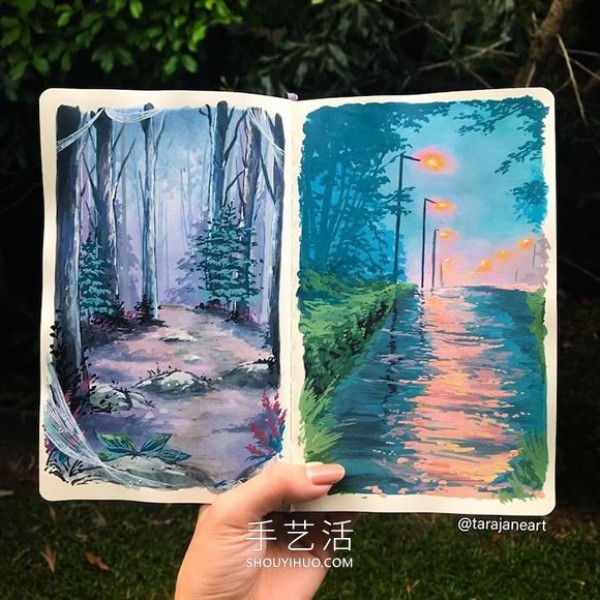 Inspired by Ghibli movies, dreamy landscape paintings fill her sketchbook