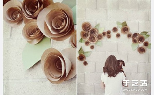 The tutorial of making roses from kraft paper can be used as beautiful wall decorations