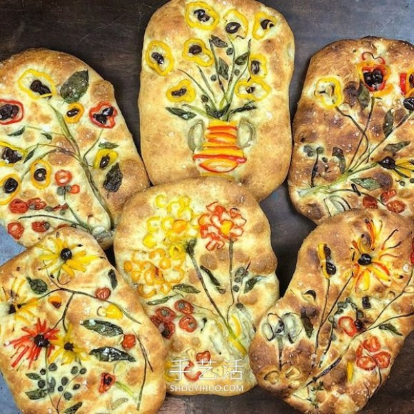 Focaccia bread is used as a canvas to create Van Gogh style art paintings