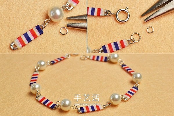 Illustration of a simple homemade pearl bracelet using safety pins to make a bracelet