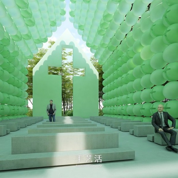 It seems like it will fly away in the next second! Green sphere church surrounded by forest