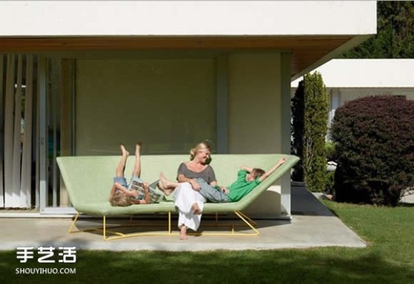 A sofa designed for outdoor use that is comfortable for both sitting and lying down