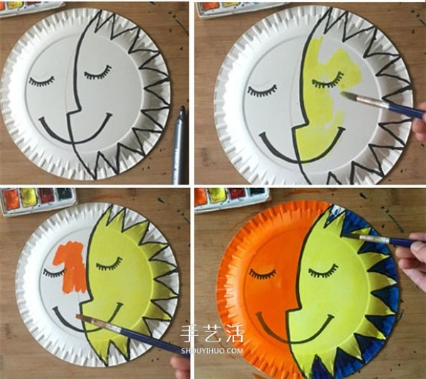 Tutorial on making sun and moon ornaments on paper plates in kindergarten