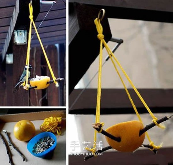 Illustrated tutorial on how to make your own grapefruit peel bird feeder