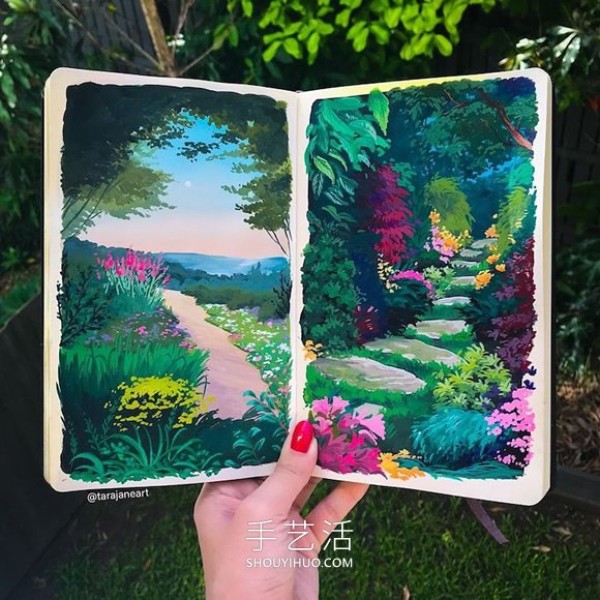 Inspired by Ghibli movies, dreamy landscape paintings fill her sketchbook