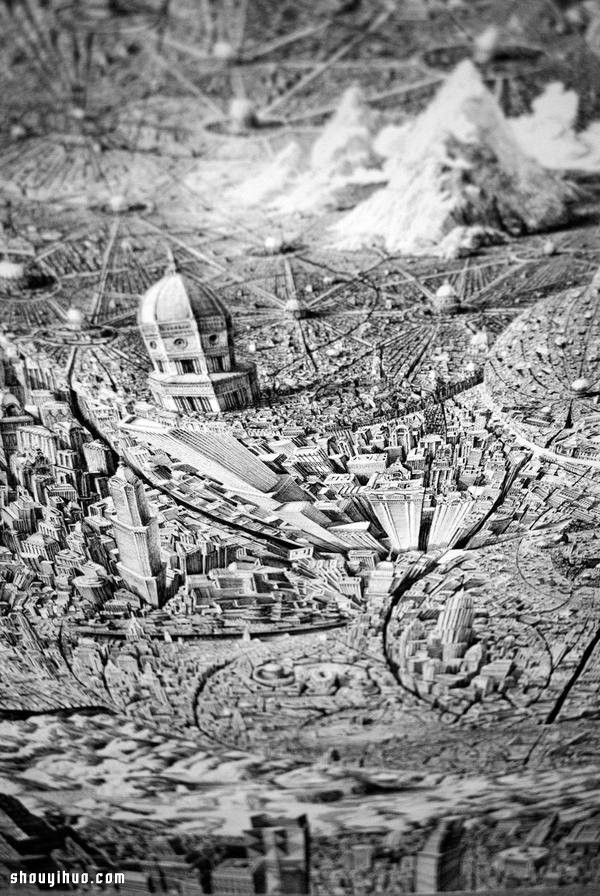 Ben Sack uses a syringe pen to draw a fantasy world like an alien city