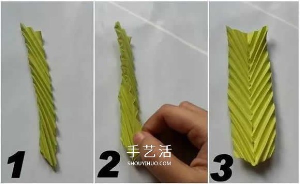 How to fold a simple leaf, illustrated by childrens handmade three-dimensional leaf folding method