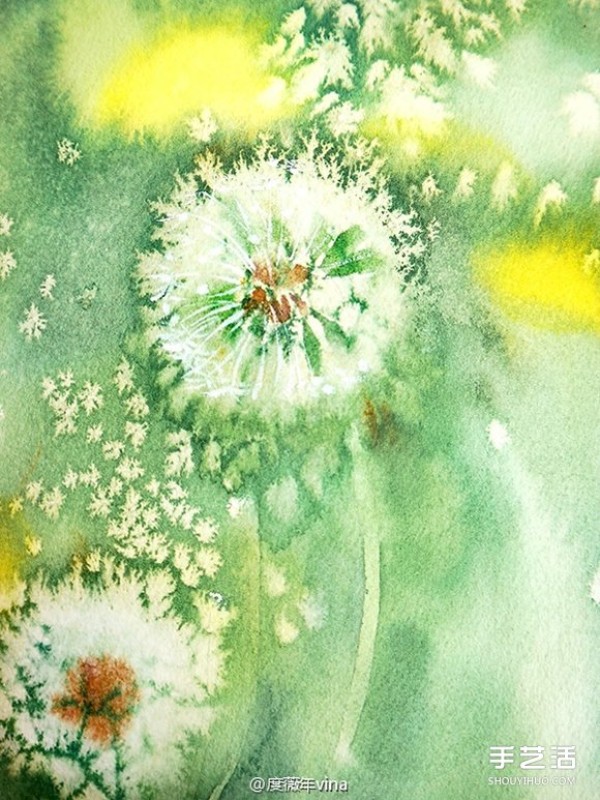 The works of dandelions painted with salt and watercolor have the texture of oil paintings