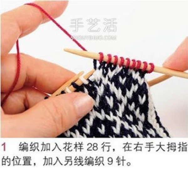 Illustration of knitting mittens with beautiful patterns using wool