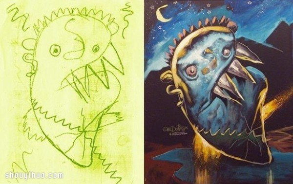 Childrens graffiti paintings are DIYed into mysterious and weird illustrations