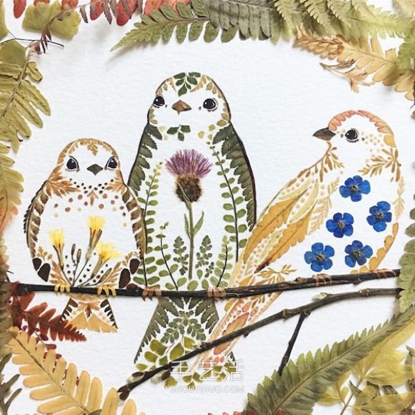 Use pressed flowers and leaves to create beautiful animal illustrations