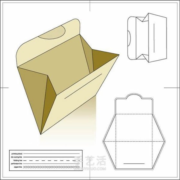 Four types of packaging paper bags unfolded and renderings