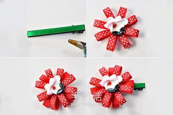 Illustrated tutorial on making childrens ribbon flower hairpins