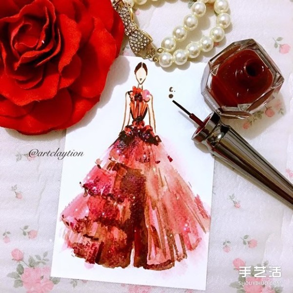 Nail polish art fashion painting uses nail polish to draw a gorgeous evening dress