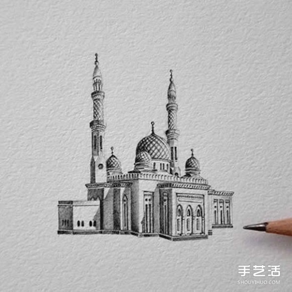 Feel the solemnity and magnificence of the mosque and the extremely delicate architectural pencil sketch