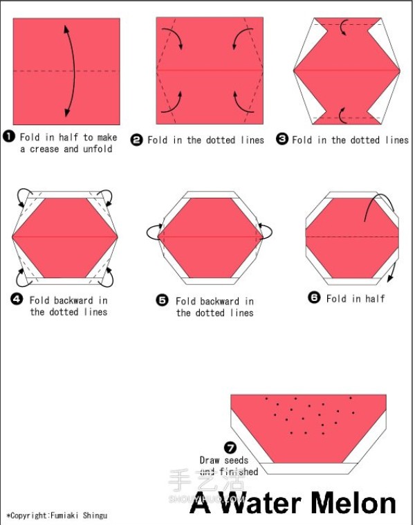 Illustrated tutorial on the simple origami steps of four fruits