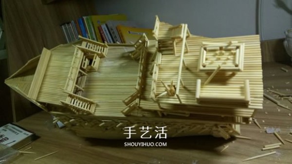 The ancient warship model is hand-made with disposable chopsticks