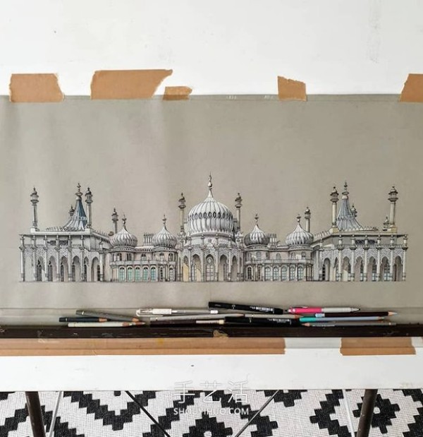 Self-taught artist sketches precise and detailed architectural drawings