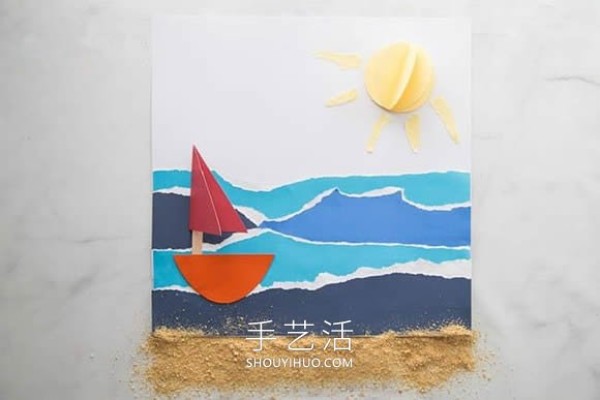 Beautiful summer beach! Tutorial on making beautiful tear-paper paintings for kindergarten