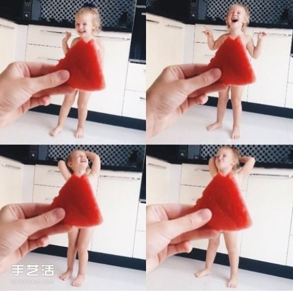 Creative childrens photo: The little girl puts on the cute fruit and vegetable dress made by her mother