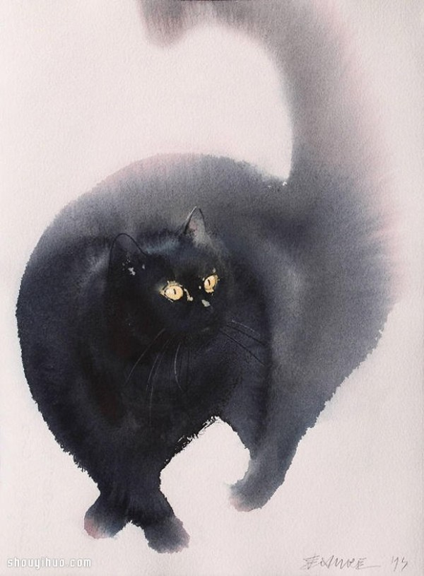 Use calligraphy ink to render the soft and fluffy lazy posture of the cat