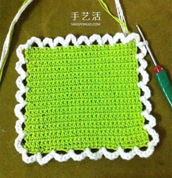 Small and cute with hanging loopCrochet illustration of a square coaster