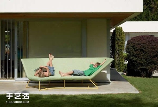 A sofa designed for outdoor use that is comfortable for both sitting and lying down