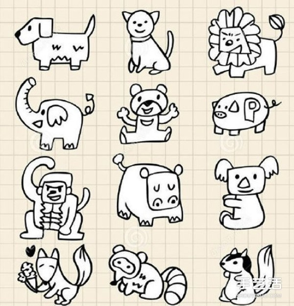 Cute animal simple drawing handbook material pictures, all available in black, white and color! 