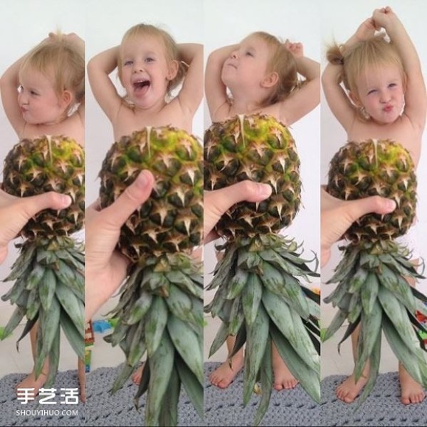 Creative childrens photo: The little girl puts on the cute fruit and vegetable dress made by her mother