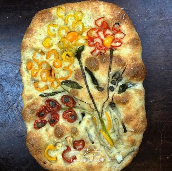 Focaccia bread is used as a canvas to create Van Gogh style art paintings