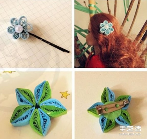 Appreciation of pictures of hand-made paper ornaments, pictures of paper-quilled rings and hair accessories