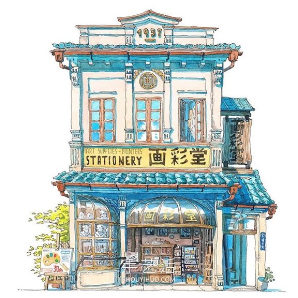 Fantasy Japanese storefront! Fictional watercolor paintings by Polish animators